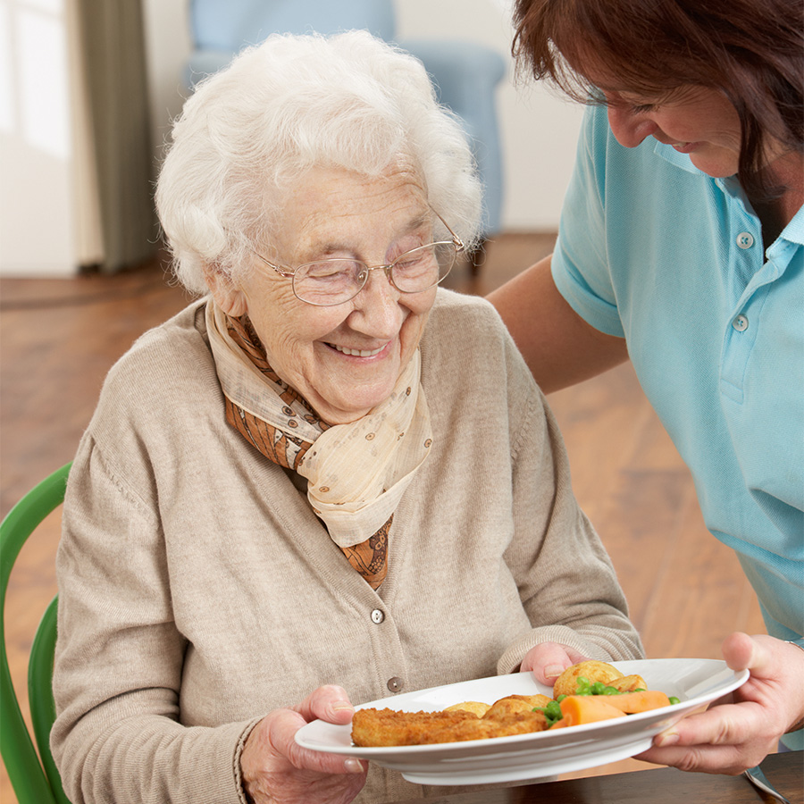 Senior Woman Being Served Meal By Carer
