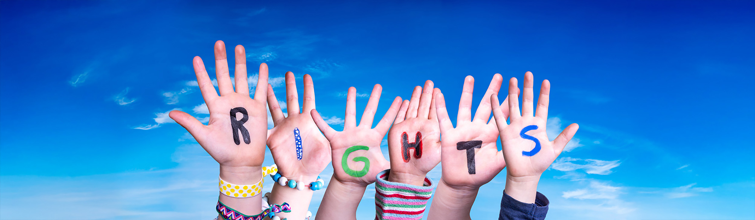 Children Hands Building Word Rights, Blue Sky